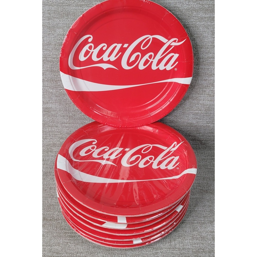 Vintage Coca Cola Logo 8 3/4" Paper Plates SEALED Set of 8 Made in USA - Picture 2 of 9
